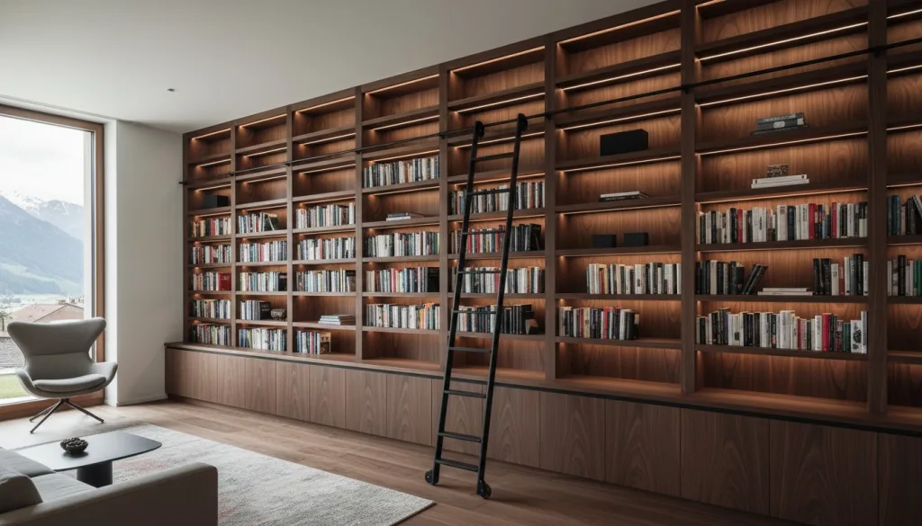 Bibliothèque avec échelle sur mesure : l’excellence de l’ébénisterie suisse