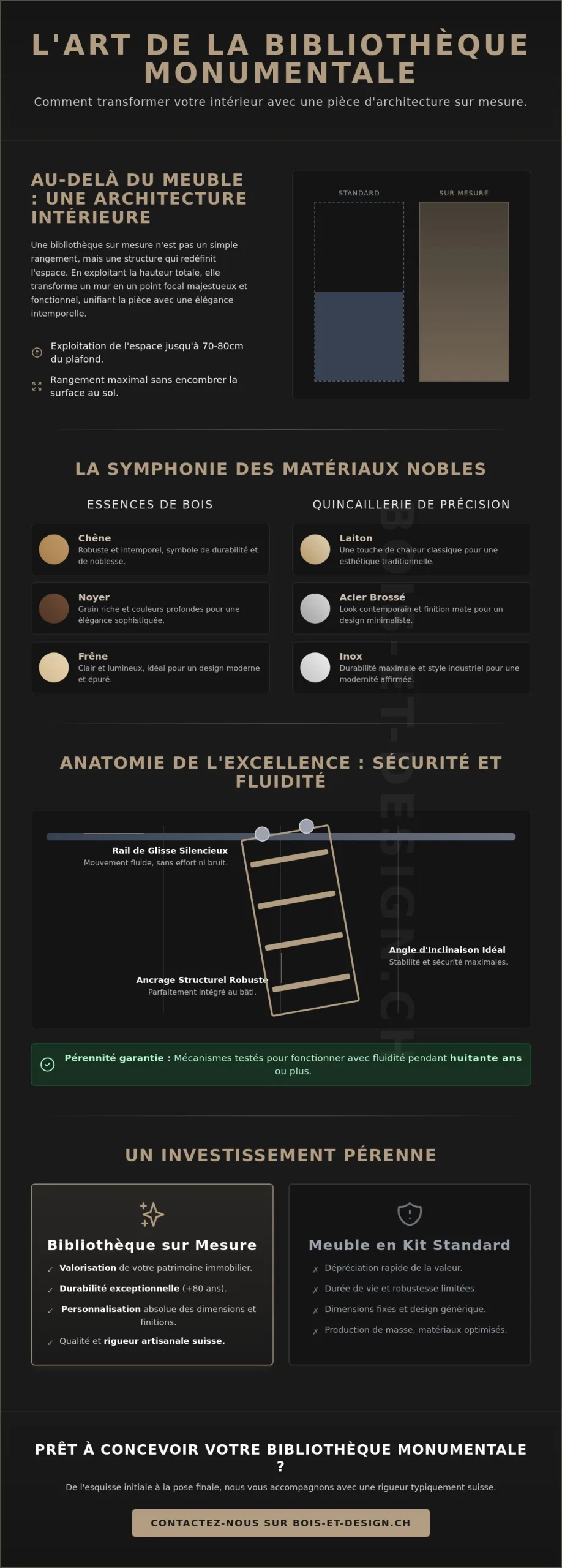 Bibliothèque avec échelle sur mesure : l’excellence de l’ébénisterie suisse