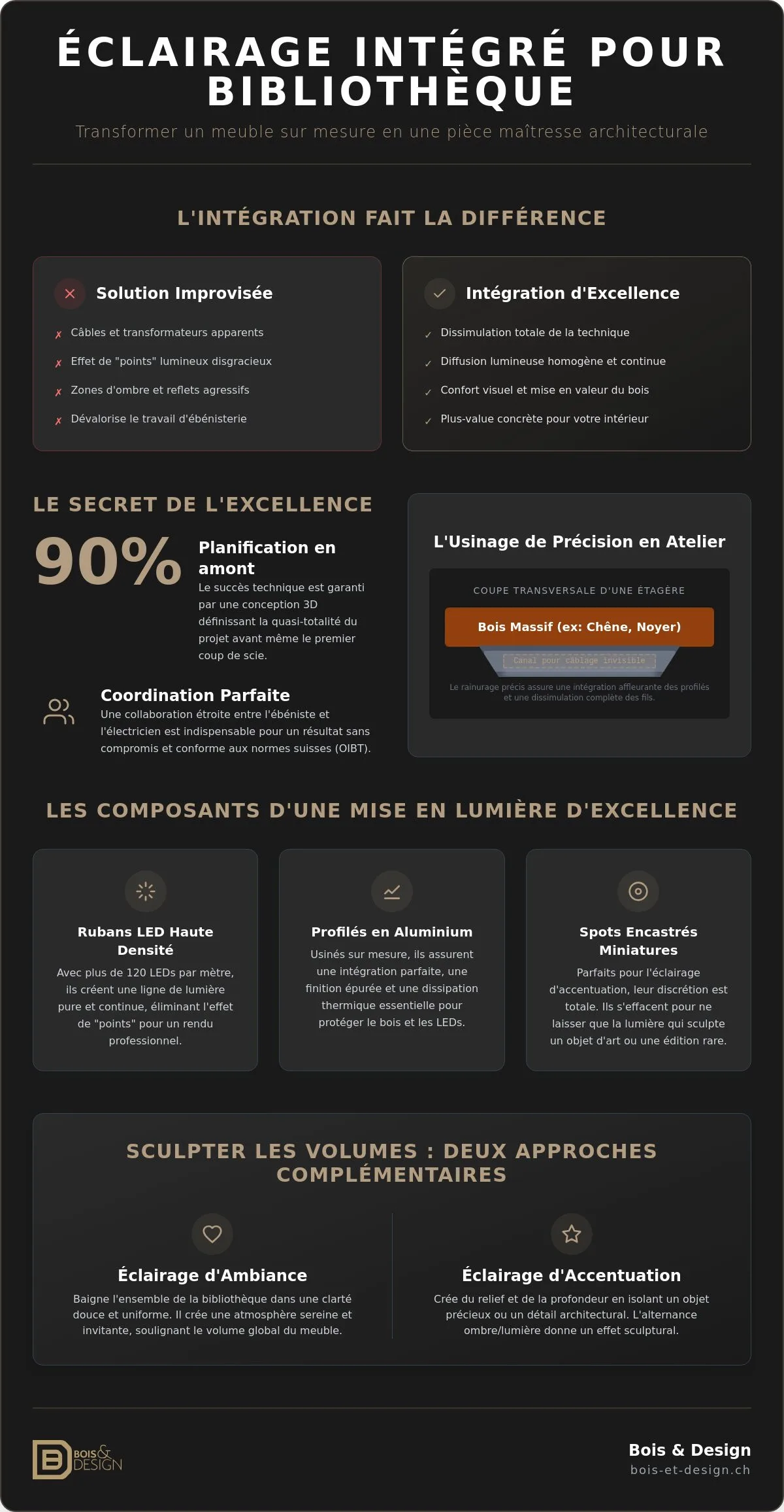 Éclairage intégré pour bibliothèque sur mesure : sublimer l’artisanat par la lumière